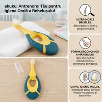 Periuta de dinti Akuku First brush AlbastruGalben pentru bebelusi si copii,peri moi,maner silicon,capac inclus,recomandat pentru 0-2 ani