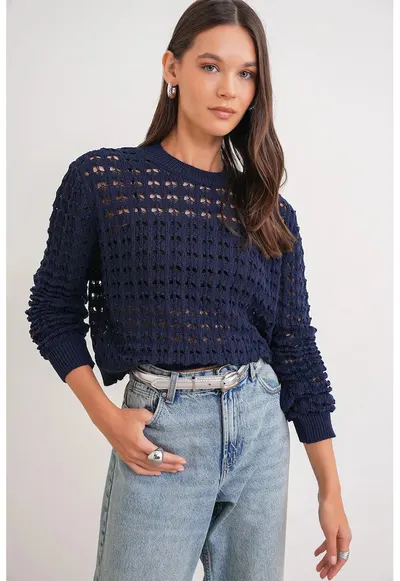 Pulover scurt - texturat - bleumarin - poliester - One Size