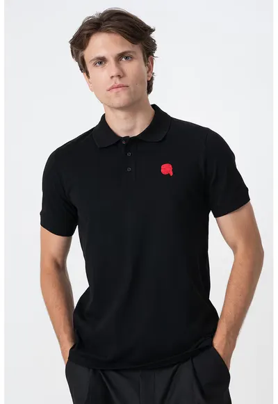 Tricou polo din amestec de bumbac - Negru/Rosu vermillion