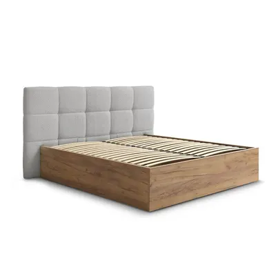 Pat matrimonial gri tapițat/din placă aglomerată de lemn tapițat cu spațiu de depozitare cu somieră 180x200 cm Kumo – Bobochic Paris