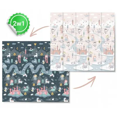 Covoras de joaca pentru copii Nukido 200x180x1 cm Castelul printesei Gri,pliabil, din spuma XPE inodor, cu doua fete