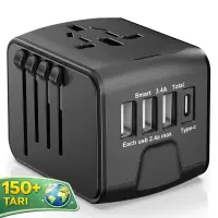 Adaptor incarcator universal priza de calatorie Timebox, 3 x USB, 1 x Type-C, Negru - Default Title
