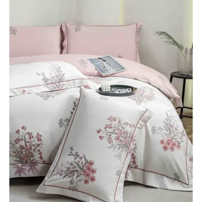 Lenjerie pat dublu, FINET DeLuxe, 6 piese, cu ELASTIC, Jojo Home, Cutie Eleganta, Roz, Flori