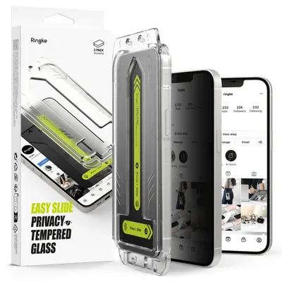Folie de protectie Ecran Privacy Ringke Easy Slide pentru Apple iPhone 17e / 16e / 14 / 13 Pro, Sticla Securizata, Full Glue, Set 2 bucati