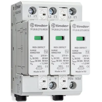 Descarcator de protectie pentru aplicatii fotovoltaice, Finder 7P.23.9.750.0020, Tipul 2, 3 varistoare, 750 VCC, 15kA