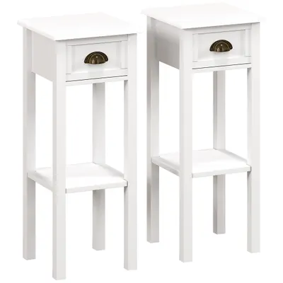 HOMCOM Set de 2 măsuțe laterale Masă de noptieră stil sofisticat cu sertar, etajeră inferioară, 30 x 30 x 75 cm, alb | Aosom Romania