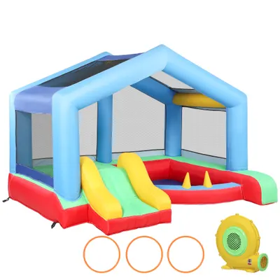 AIYAPLAY Castel Gonflabil pentru Copii cu Pompă Tobogan Trambulină Piscină cu Bile Joc de Cercuri Copertină | Aosom Romania
