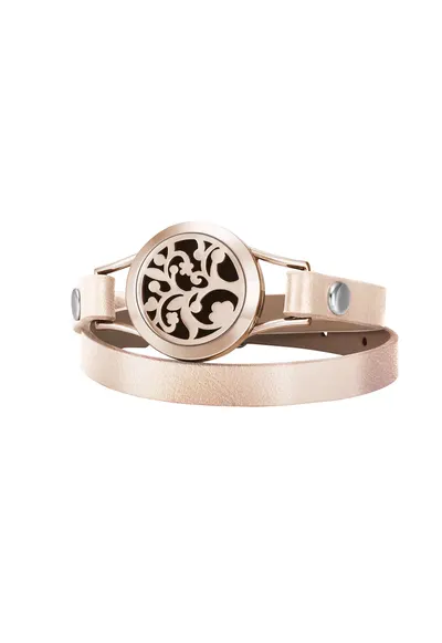 Bratara Aromaterapie - difuzor pentru uleiuri esentiale - cu model Rose Gold Flower - Curea din Piele Ecologica - Dubla - Auriu-Auriu