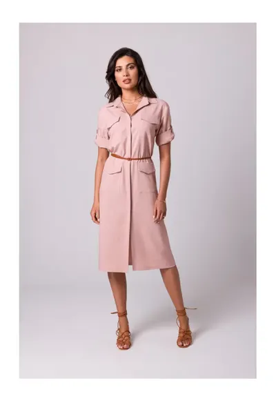 Rochie tip camasa cu buzunare - - Roz