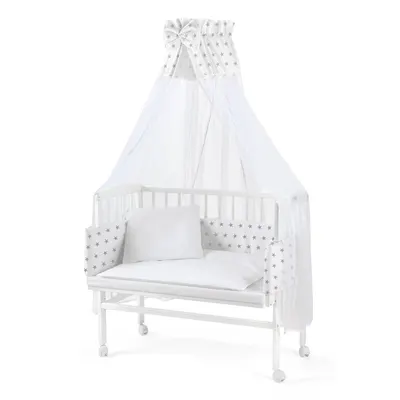 Patut pentru copii, Waldin, 2in1, 90 cm x 55 cm, lemn de fag, vopsea certificata, roti blocabile, laterala detasabila, co-sleeping, Saltea inclusa, Aparatoare laterala din bumbac, Baldachin cu Suport Metalic, Equipment, Alb