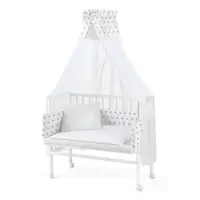 Patut pentru copii, Waldin, 2in1, 90 cm x 55 cm, lemn de fag, vopsea certificata, roti blocabile, laterala detasabila, co-sleeping, Saltea inclusa, Aparatoare laterala din bumbac, Baldachin cu Suport Metalic, Equipment, Alb,