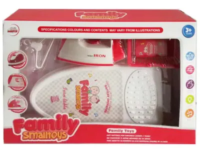 Set menaj jucarie, engros, cu 5 piese, masa de calcat, fier de calcat, cos de rufe, detergent si umeras 36,5x7,5x25,8 cm