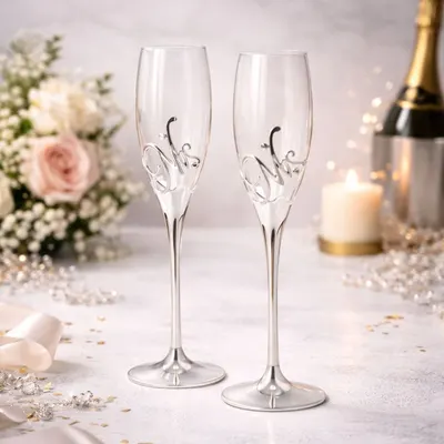 Set pahare șampanie AZAY “Mr & Mrs” cu cristale, 26.5 cm, pahare flute elegante pentru nuntă, cadou premium cu cutie și tissue paper