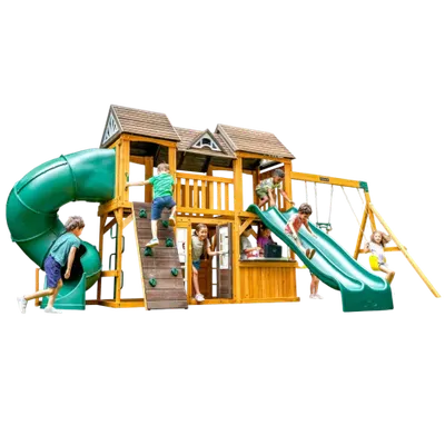 Complex de joaca din lemn, max 10 copii, 3 leagane, 3 tobogane, Adventure Bend Swing Set, Cedar Summit F29720