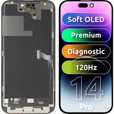 Display cu Touchscreen MP compatibil cu Apple iPhone 14 Pro, cu Rama, Versiune Premium Soft OLED FHD 120Hz Diagnostic, Negru