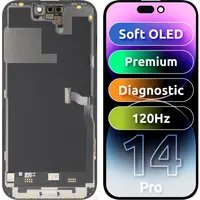 Display cu Touchscreen MP compatibil cu Apple iPhone 14 Pro, cu Rama, Versiune Premium Soft OLED FHD 120Hz Diagnostic, Negru