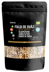 Fulgi de ovaz fini fara gluten cu scortisoara, cocos, chia si seminte de canepa Eco, 200g, Niavis