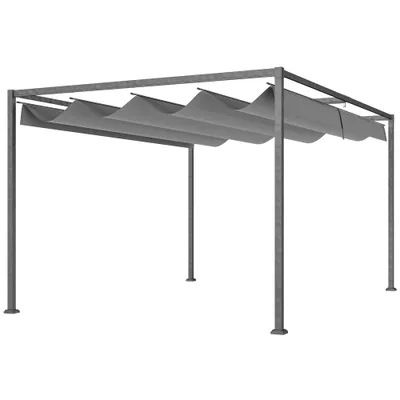 Outsunny Pergolă Gazebo 4x3 m cu Acoperiș Retractabil, Orificii de Drenaj, Țepușe și Șuruburi, Pergolă pentru Grădină din Poliester și Metal, Gri Închis | Aosom Romania
