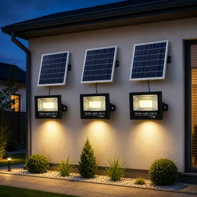Set 3 Proiectoare Solare LED cu Panou Solar si Telecomanda, IP67, Lumina Rece