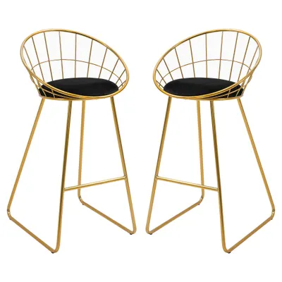 HOMCOM Set 2 Scaune Bar Înalte, Design Modern, Pernă Catifea, Poliester și Metal, Negru și Auriu, Confortabil | Aosom Romania