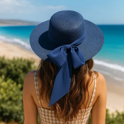 Pălărie de plajă damă Tiara, albastru închis, cu fundă elegantă, boruri largi, ușoară și respirabilă, protecție solară, diametru 39 cm