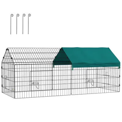 PawHut Cușcă pentru Iepuri și Găini de Exterior și Interior cu Protecție Solară și Grilaj Metalic, Coteț Recint pentru Animale Mici, Găini, 185x75x75 cm, Verde | Aosom Romania