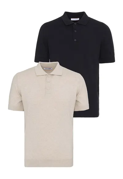 Set de tricouri din bumbac cu guler polo - 2 piese - Negru/Bej