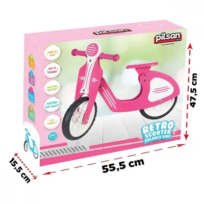 Bicicleta copii fara pedale Pilsan Retro Pink, scaun reglabil in 3 pozitii, sarcina maxima 30 kg, de la 2 ani, roti din cauciuc EVA