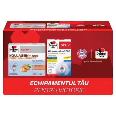 Doppelherz System kollagen 11.000 curcuma + ghimbir + Doppelherz Aktiv glucozamina 1200MG, Queisser Pharma | 30 flacoane + 30 comprimate