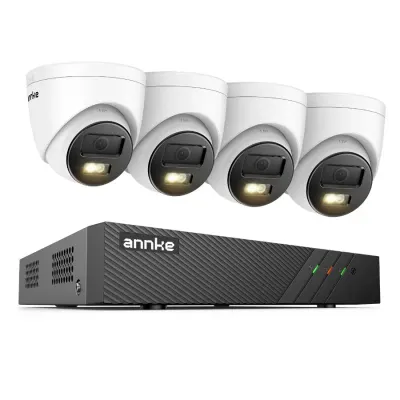 Sistem performant de supraveghere video ANNKE N98PBL+I51EM*4, PoE, NVR 8 canale, 4 camere tip Turret interior/exterior 5MP, Ultra HD/2k+, vedere nocturna IR, audio, rezistent la intemperii