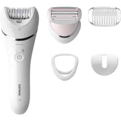 Epilator umed/uscat Philips BRE710/00, 5 accesorii, 32 pensete, utilizare fara fir, 2 setari viteza, opti-light, discuri ceramice, Alb