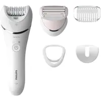 Epilator umed/uscat Philips BRE710/00, 5 accesorii, 32 pensete, utilizare fara fir, 2 setari viteza, opti-light, discuri ceramice, Alb