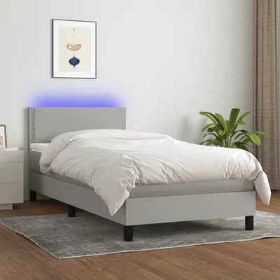 vidaXL Pat cu arcuri, saltea și LED, gri deschis, 90x190 cm, textil