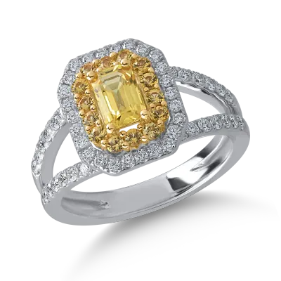 Inel din aur alb-galben cu safire galbene de 1.4ct si diamante de 0.53ct