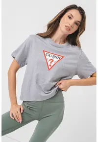 Tricou lejer din bumbac organic cu imprimeu logo pe piept - Rosu/Alb/Gri melange