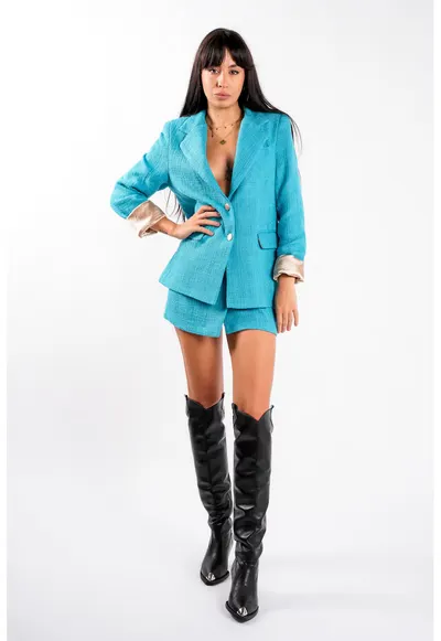Fusta petrecuta din tweed turcoaz