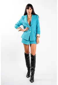 Fusta petrecuta din tweed turcoaz