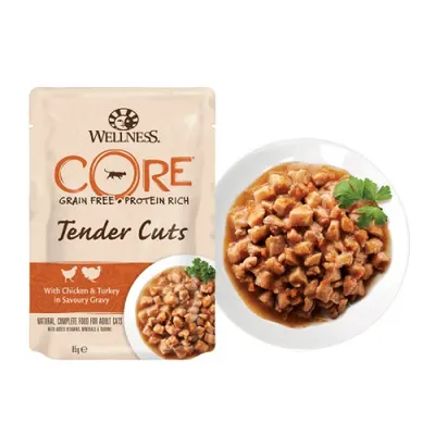 Hrana umeda pentru pisici Wellness Core Tender Cuts cu pui si curcan in sos 85 g