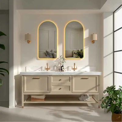 Oglinda baie 50x100 cm cu LED, dezaburire si lumina ambientala, rama din aluminiu aurie, Fluminia Gaudi