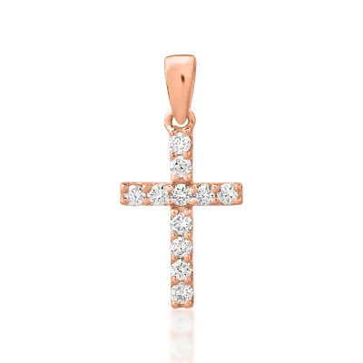 Pandantiv cruce din aur roz cu diamante de 0.121ct