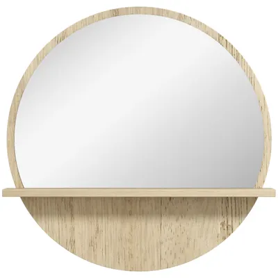 kleankin Oglindă de Baie Rotundă din PAL și Sticlă cu Raft pentru Depozitare și 2 Cârlige pentru Fixare, Ø45x10 cm, Lemn Natural | Aosom Romania