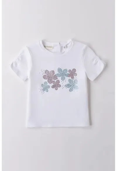 Tricou cu aplicatii din strasuri si decolteu la baza gatului - Alb/Roz/Albastru