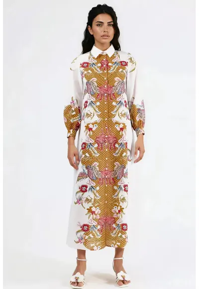 Rochie midi - imprimeu floral - maneca lunga - poliester/lycra - alb/auriu