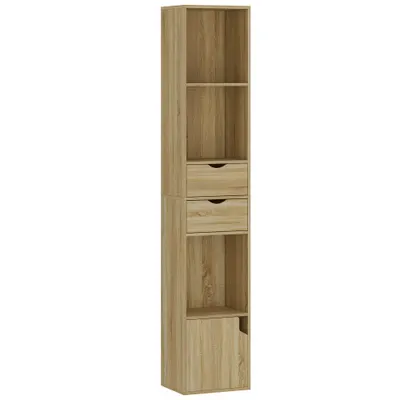 HOMCOM Bibliotecă Îngustă cu 6 Rafturi, Sertare, Ușă și Polițe Deschise, 30x24x158 cm, Stejar | Aosom Romania