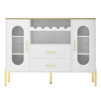Comodă cu fronturi din sticlă, suport pentru vinuri și mult spațiu de depozitare, 120x38x90 cm, Alb