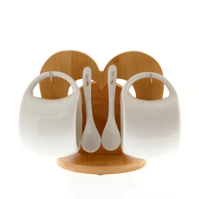 Set 2 cesti din ceramica cu suport din bambus, lingurite si farfurii