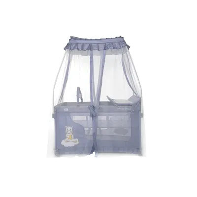 Patut pliabil stil baldachin Magic Sleep Cool Grey Hippo cu 2 nivele, usa laterala cu fermoar, roti, accesorii incluse