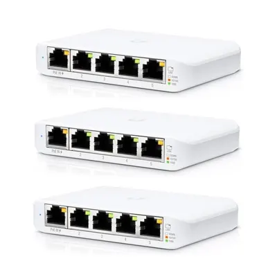 Kit switch Gigabit Ubiquiti UniFi Switch Flex Mini, 5 porturi, 10 Gbps, Layer 2, PoE, cu management, 3 bucati