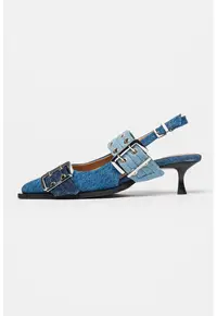 Pantofi slingback cu aspect de denim si catarame - Albastru