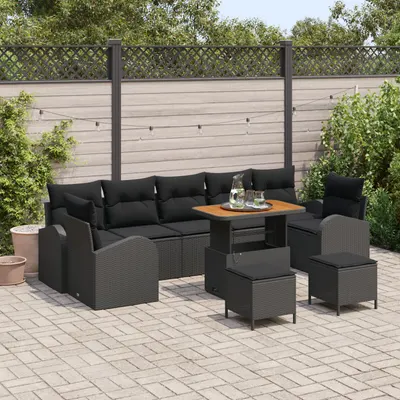 Set de canapea gradina Gossi 10 piese cu perne negre ratan poli acacia, canapea gradina Gossi 2 locuri cu depozitare si perne negre ratan poli, set dining gradina Gossi 3 piese cu perne negre ratan poli acacia